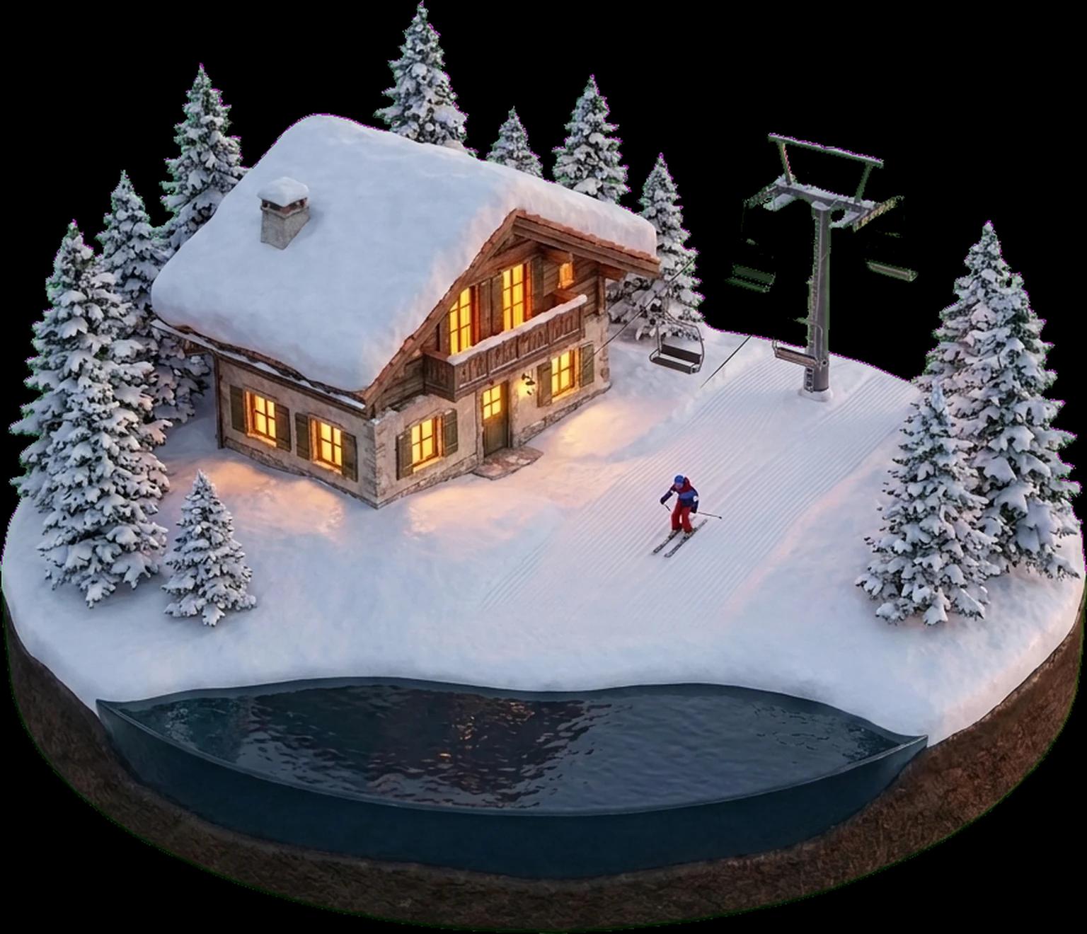 A miniature snow-covered chalet among pine trees, with a chairlift and a skier on the piste