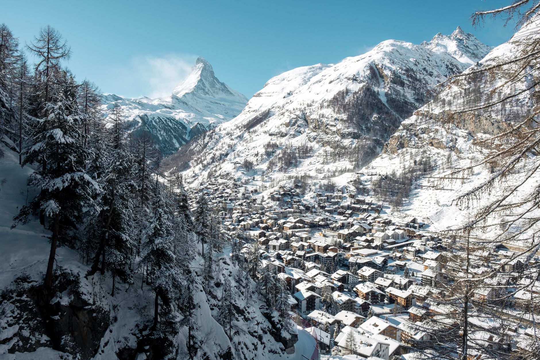 Scenic aerial view of Zermatt, Switzerland with the Matterhorn in the background during winter. — photograph by Patrick Doyle on Pexels